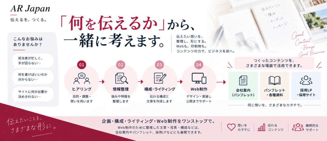 「何を伝えるか」から、一緒に考えます。伝えたい思いを、整理し、形にする。Webも、印刷物も。コンテンツの力で、ビジネスを前に－ 伝えるを、つくる AR Japan