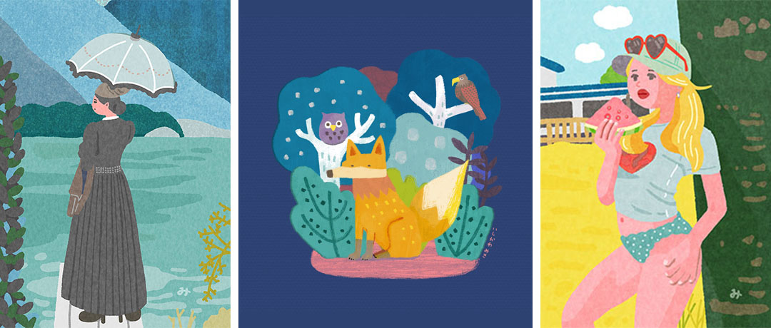 女性のイラストと動物のイラスト